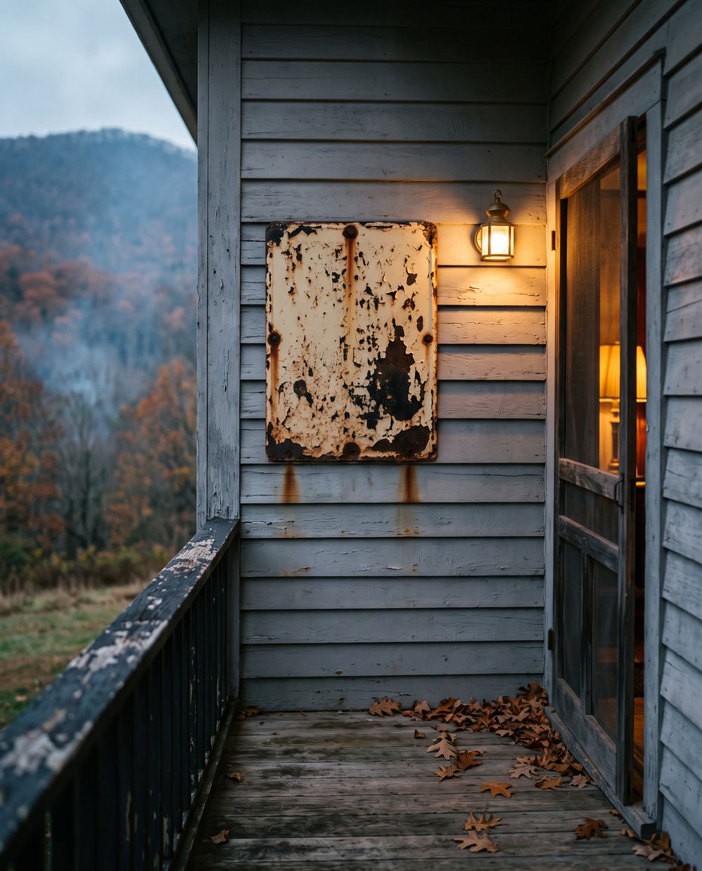 A rusted tin placard nailed to the gray siding of a farmhouse porch at dusk, beside a lit porch lamp and an open screen door, with an autumn ridge fading into haze beyond the rail.